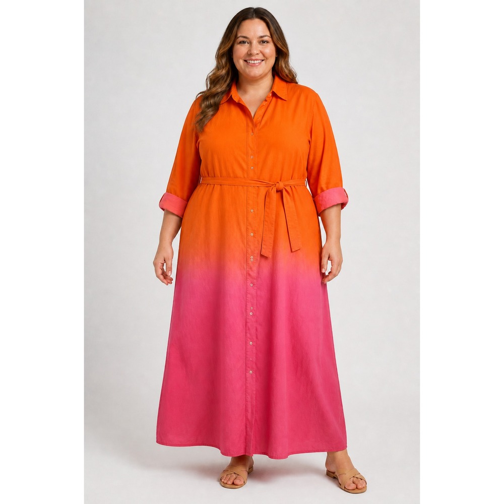 Madison Mathews Womens 2X Orange Pink Ombre Cotton Maxi Shirt Dress